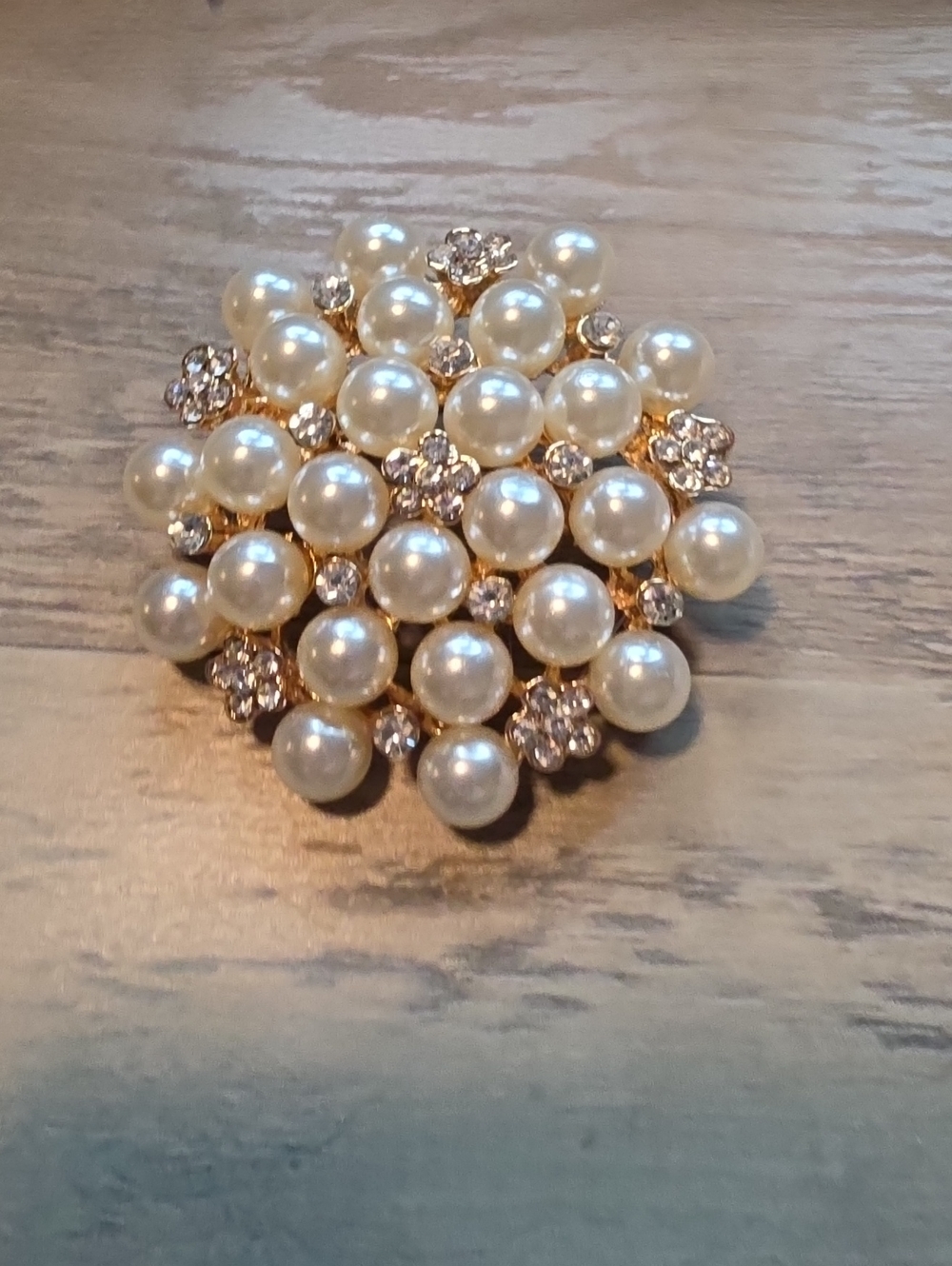 Faux Pearl Cluster Brooch with Crystal Accents - Gold Tone